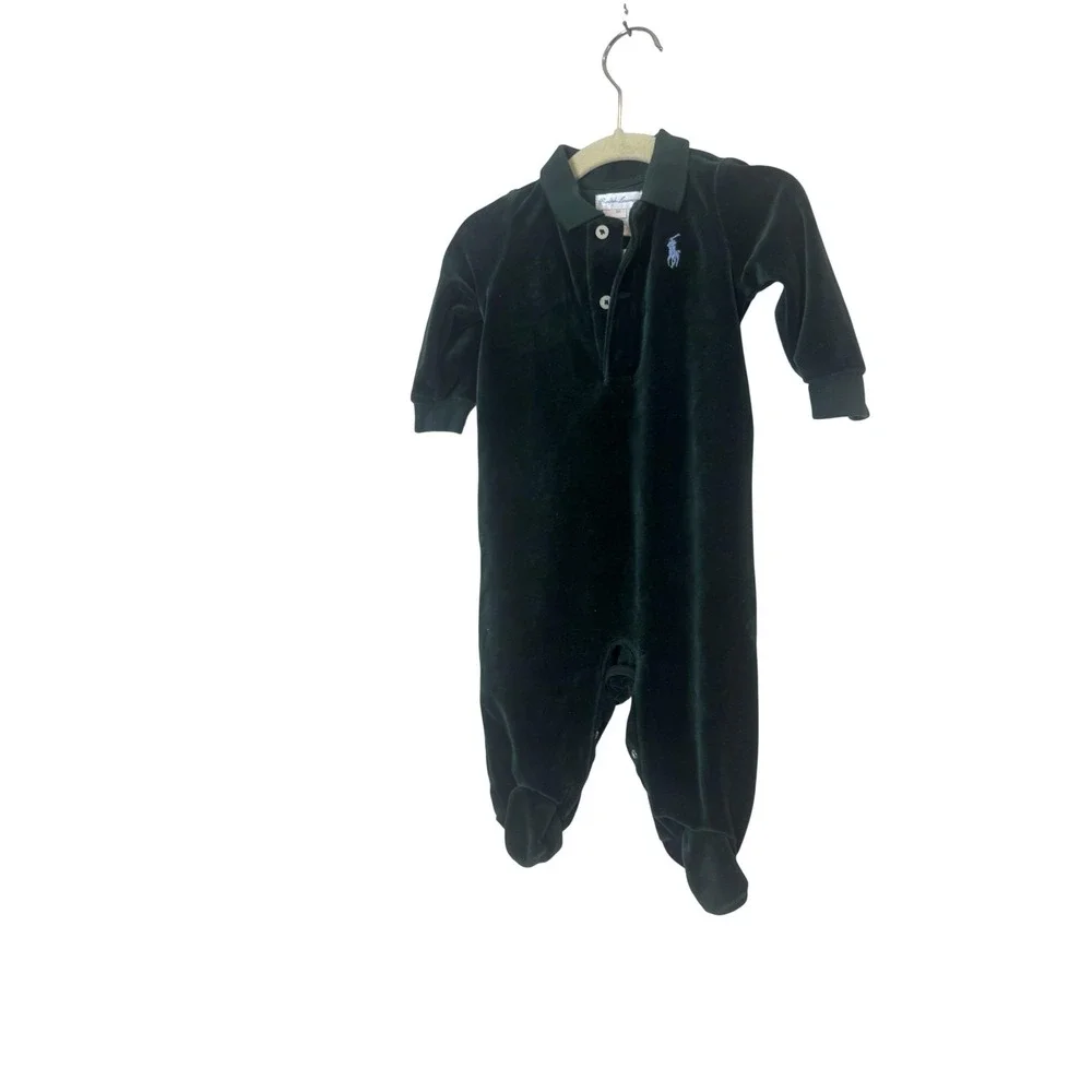 Ralph Lauren Footed Coverall Baby Boys 3-6 Months Green Velour Polo Collar Snap